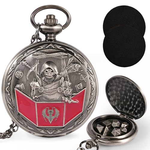 Kabinka DD Dice Set with Pocket Watch Shell 7Pcs Polyhedral Dice Set DND Dice with Necklace Perfect for Dungeons and Dragons Dice RPG Role Playing Dice Accessory DM Ancient Silver - Image 1