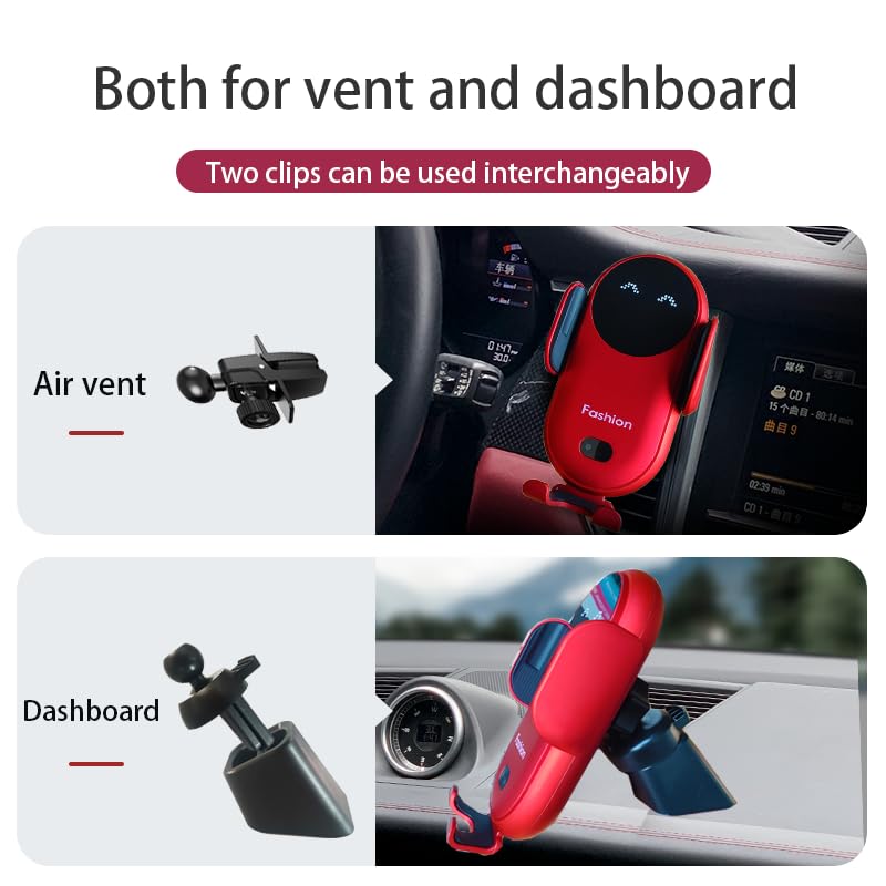 Carrotech Wireless Car Charger Mount, Cute Car Phone Holder, Automatic Clamping Air Vent Dashboard Smart Phone Holder for iPhone 15/14/13/12/11//XS/XR/8, Samsung S23/22/21/20/Note 20, etc (Red) - Image 5
