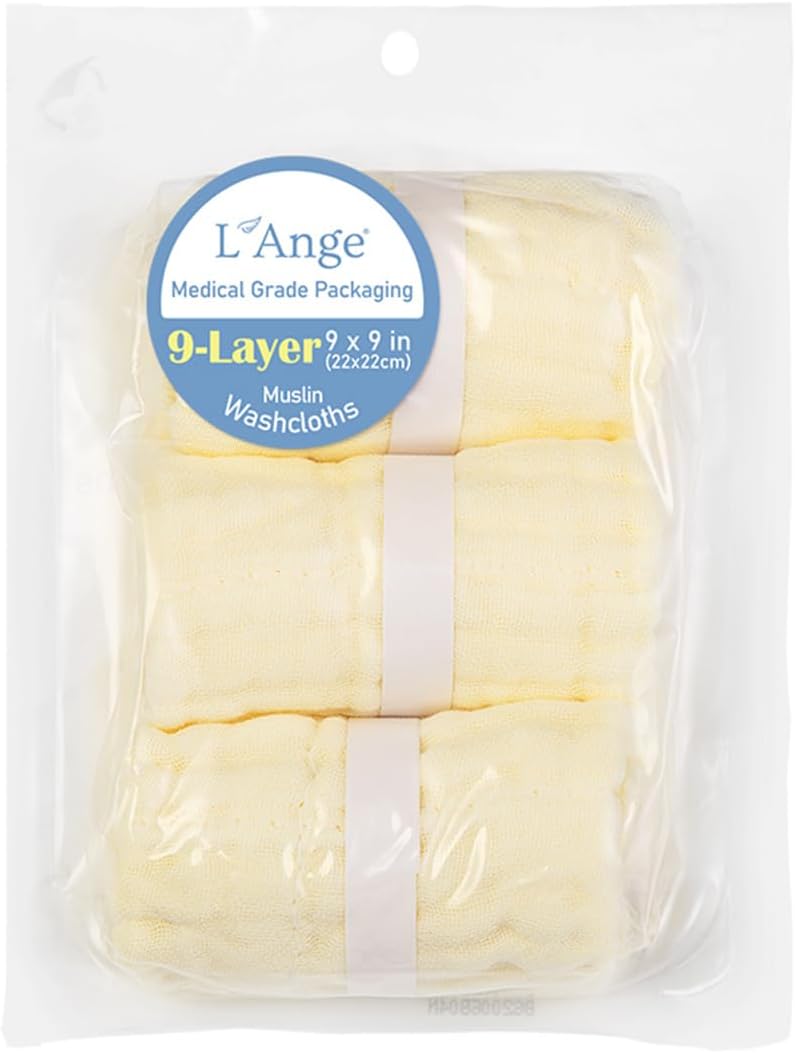 LAnge Baby Washcloths and Burp Cloths Set  3 Pack of 9 Layer 100 Cotton Muslin for Sensitive Skin  Super Absorbent  Medical Grade Packaging for Infants Newborns and Toddlers 9x9 Yellow - Image 4
