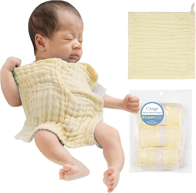 LAnge Baby Washcloths and Burp Cloths Set  3 Pack of 9 Layer 100 Cotton Muslin for Sensitive Skin  Super Absorbent  Medical Grade Packaging for Infants Newborns and Toddlers 9x9 Yellow - Image 1