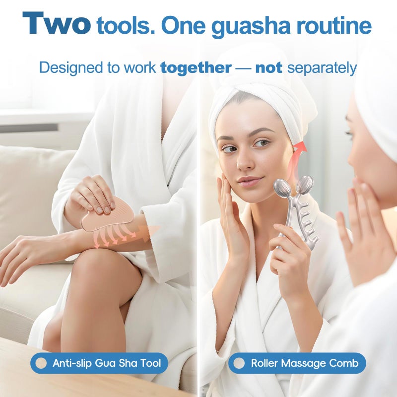 Yeamon Gua Sha Facial Tools & Face Roller Set, Stainless Steel Facial Massager Tools for Lymphatic Drainage & Face Sculpting, Textured Guasha for Better Grip, Double Chin Reducer, Skincare Gift for Women - Image 2