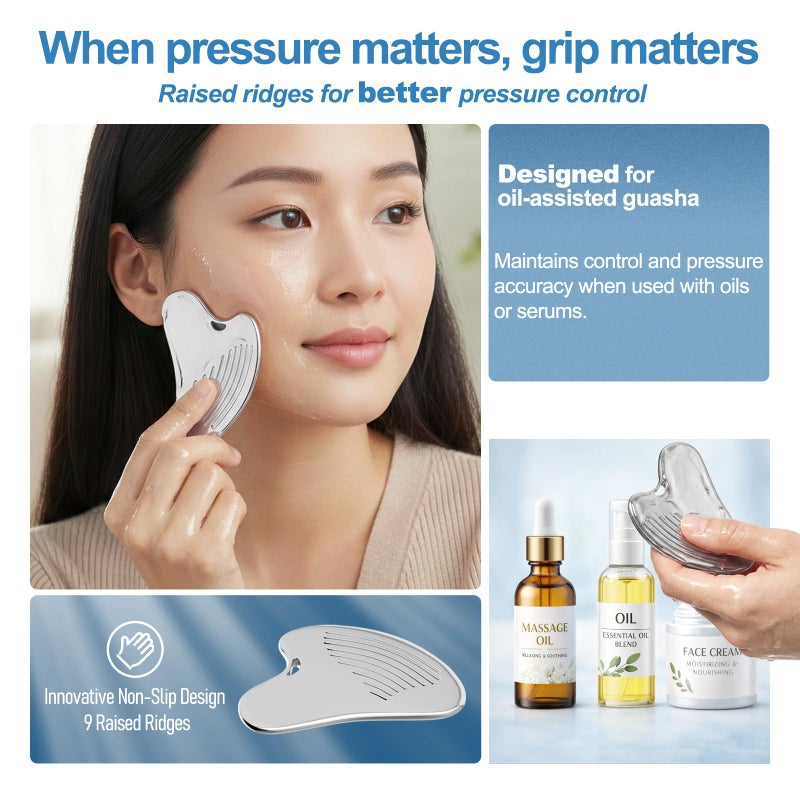 Yeamon Gua Sha Facial Tools & Face Roller Set, Stainless Steel Facial Massager Tools for Lymphatic Drainage & Face Sculpting, Textured Guasha for Better Grip, Double Chin Reducer, Skincare Gift for Women - Image 4