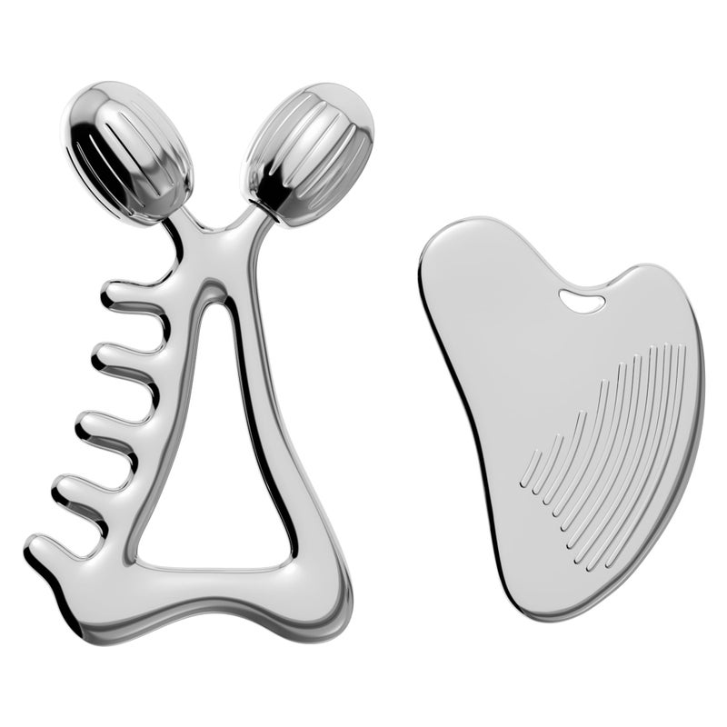 Yeamon Gua Sha Facial Tools & Face Roller Set, Stainless Steel Facial Massager Tools for Lymphatic Drainage & Face Sculpting, Textured Guasha for Better Grip, Double Chin Reducer, Skincare Gift for Women - Image 1