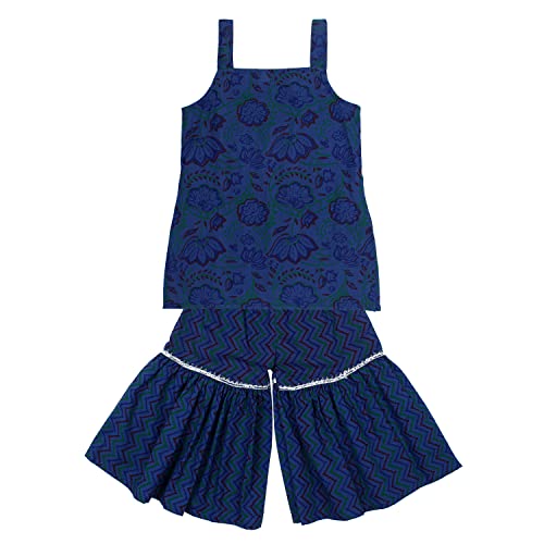 superminis Baby Girls Cotton Sanganeri Printed Long Without Sleeves Kurti and Sharara Dress with Gotta Work (Blue, 4-5 Years) - Image 2