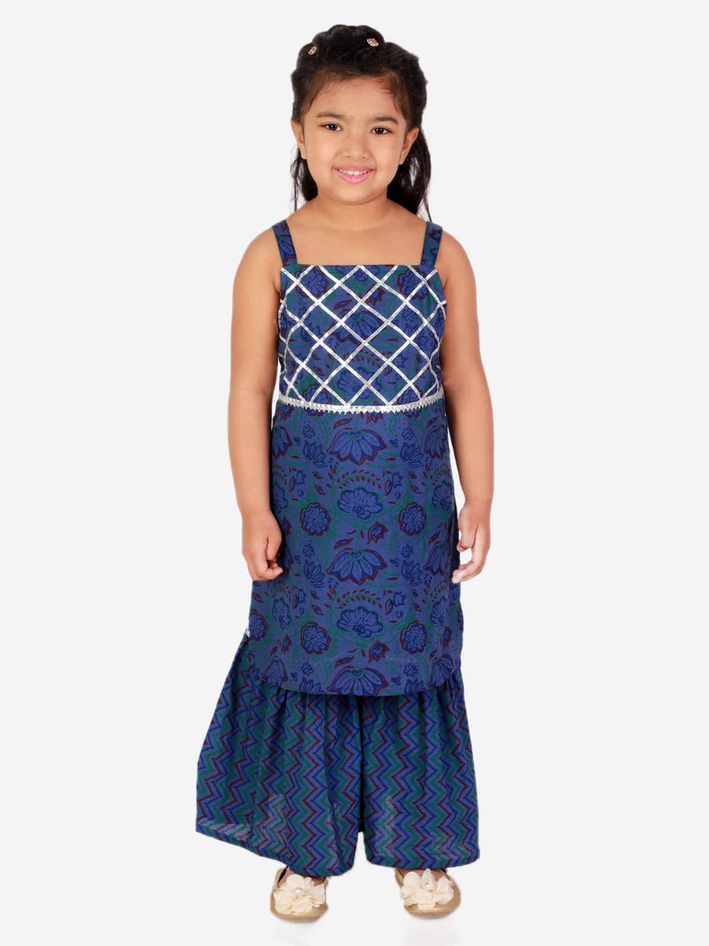superminis Baby Girls Cotton Sanganeri Printed Long Without Sleeves Kurti and Sharara Dress with Gotta Work (Blue, 4-5 Years) - Image 3