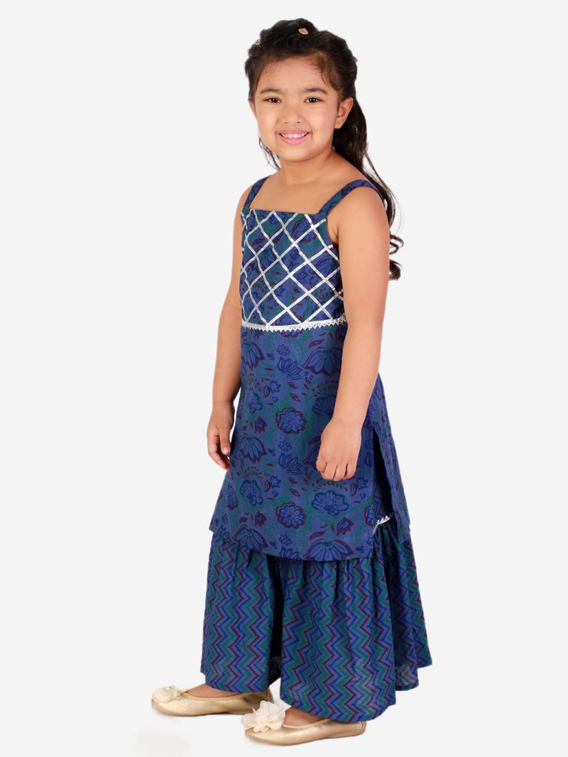 superminis Baby Girls Cotton Sanganeri Printed Long Without Sleeves Kurti and Sharara Dress with Gotta Work (Blue, 4-5 Years) - Image 5