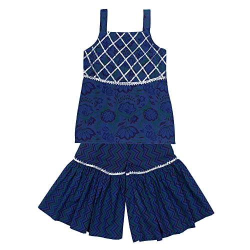 superminis Baby Girls Cotton Sanganeri Printed Long Without Sleeves Kurti and Sharara Dress with Gotta Work (Blue, 4-5 Years) - Image 1