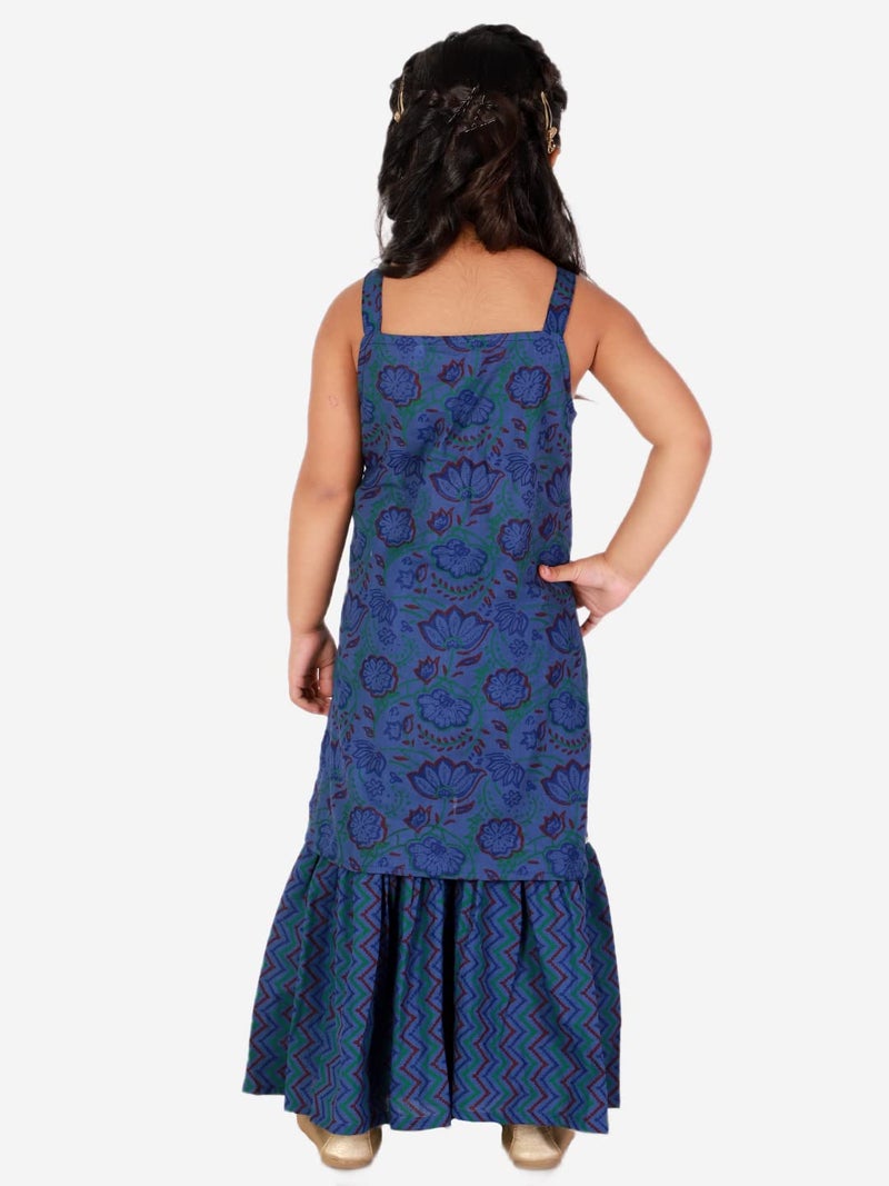 superminis Baby Girls Cotton Sanganeri Printed Long Without Sleeves Kurti and Sharara Dress with Gotta Work (Blue, 4-5 Years) - Image 4
