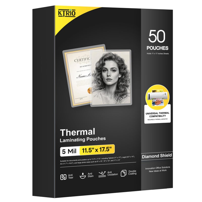 KTRIO 5 Mil Laminating Sheets, Hold 11 x 17 Inches Sheet, 50 Pack Thermal Laminating Pouches, 11.5 x 17.5â€ Laminate Sheets for Laminator, Clear Lamination Sheet Paper, Office School Home Supplies