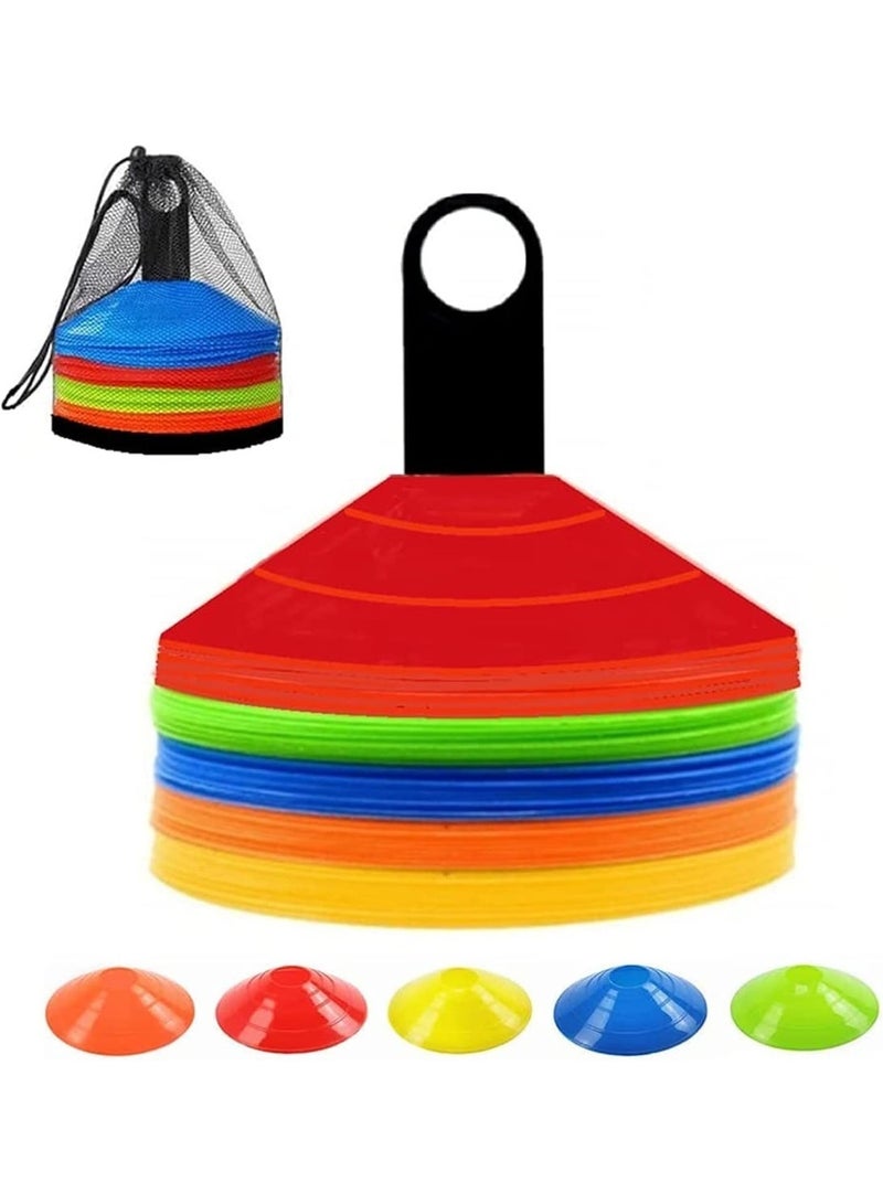 50 Pcs Soccer Cones for Training, Agility Disc Marker Set with Mesh Bag, Flexible PE Cone Markers for Football, Basketball, Obstacle Course, Speed and Field Boundary, 5 Colors - Image 1