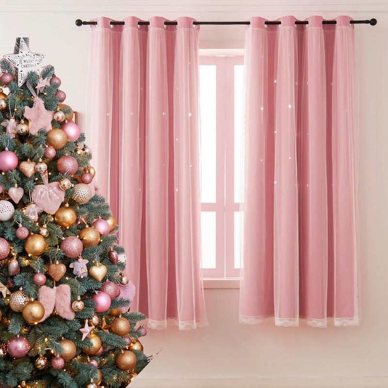 Ftinala Pink Blackout Curtains for Girls Bedroom Cute - Aesthetic Star Cutout Double Layer with Sheer Overlay, 63 Inch Length 1 Panel Baby Nursery Curtains Kids Room Decor Drapes - Image 5
