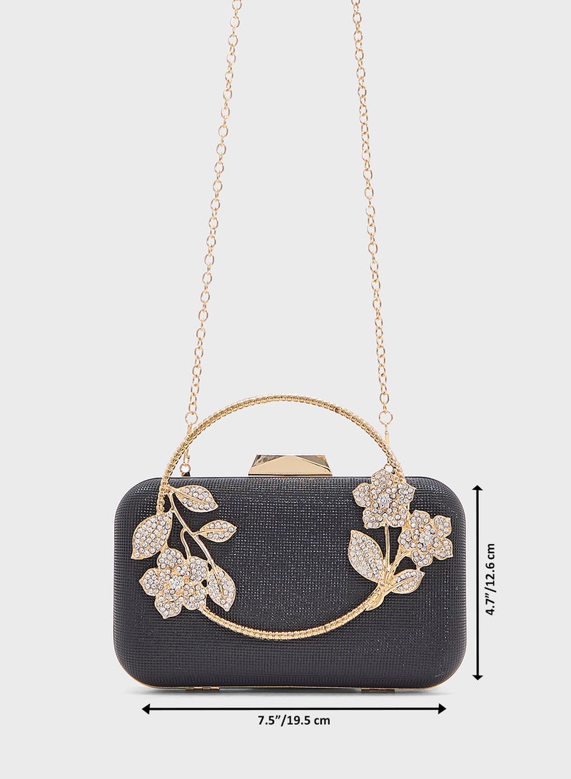 Floral Detail Diamante Clutch Bag
