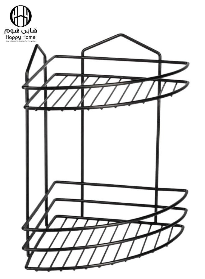هابي هوم رف زاوية حمام معدني مزدوج الطبقات مثبت على الحائط – منظم شامبو وبلسم وجل استحمام وصابون وإكسسوارات الحمام – تصميم سلكي مفتوح لتصريف المياه ومنع التراكم – مقاوم للصدأ والرطوبة ومناسب للحمامات الصغيرة والكبيرة – يتحمل الأوزان الثقيلة  32*24سم– لون أسود عصري أنيق - Image 2