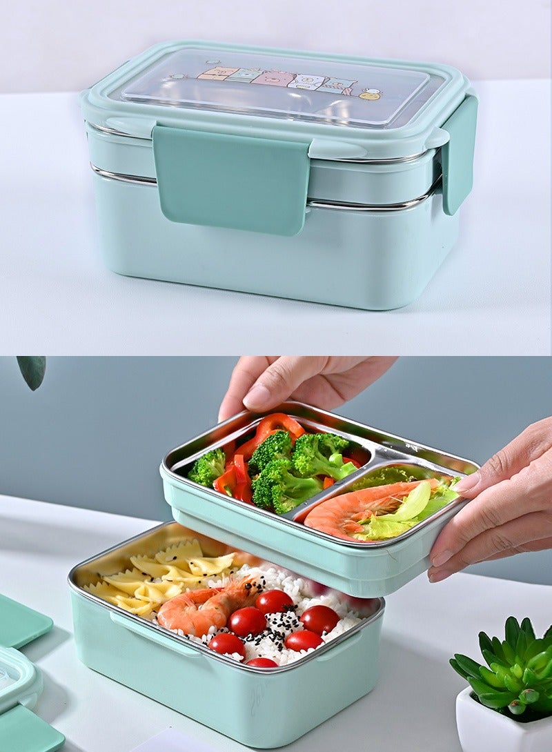تابيت الفولاذ المقاوم للصدأ مربع الغداء للأطفال مع طبقة مزدوجة تقسيم الكرتون مربع بينتو مانعة للتسرب مربع الغداء المحمولة مختومة حفظ الطازجة مربع فرن الميكروويف اختياري ( أخضر ) - Image 1
