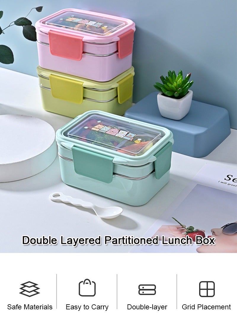 تابيت الفولاذ المقاوم للصدأ مربع الغداء للأطفال مع طبقة مزدوجة تقسيم الكرتون مربع بينتو مانعة للتسرب مربع الغداء المحمولة مختومة حفظ الطازجة مربع فرن الميكروويف اختياري ( أخضر ) - Image 2