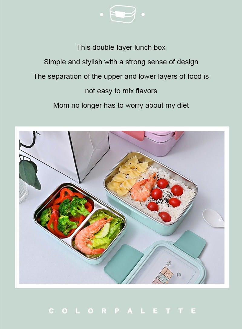 تابيت الفولاذ المقاوم للصدأ مربع الغداء للأطفال مع طبقة مزدوجة تقسيم الكرتون مربع بينتو مانعة للتسرب مربع الغداء المحمولة مختومة حفظ الطازجة مربع فرن الميكروويف اختياري ( أخضر ) - Image 3