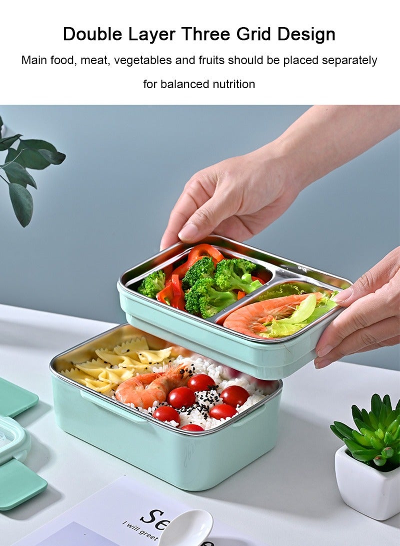 تابيت الفولاذ المقاوم للصدأ مربع الغداء للأطفال مع طبقة مزدوجة تقسيم الكرتون مربع بينتو مانعة للتسرب مربع الغداء المحمولة مختومة حفظ الطازجة مربع فرن الميكروويف اختياري ( أخضر ) - Image 5