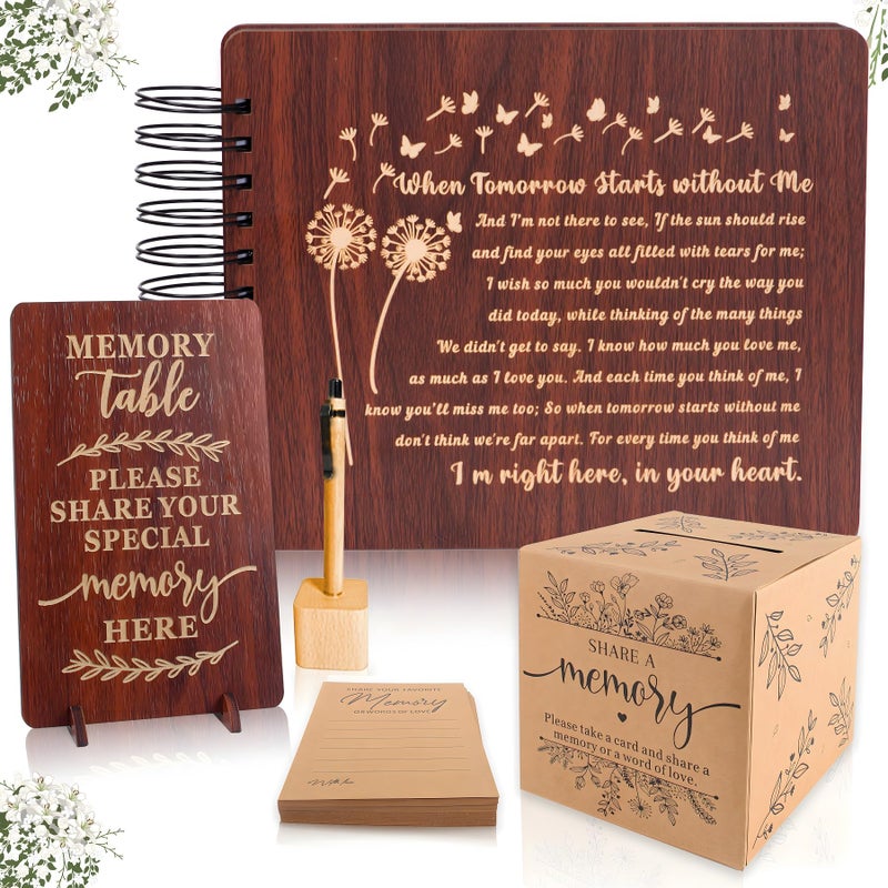 PREKIAR Funeral Guest Book for Celebration of Life, Wooden Guest Sign in Books for Memorial Service, Guestbook Set with 50pcs Share a Memory Cards Box Table Sign and Pen (Brown- Guest Book Set #3) - Image 1