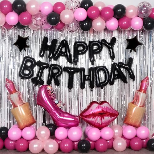 Nigifter Pink and Black Birthday Decorations for Women Girls Pink Happy Birthday Decorations for Her HAPPY BIRTHDAY Banner Balloons Fringe Curtain Giant Foil Hot Pink Lipstick Balloons Bday Party Decor - Image 1