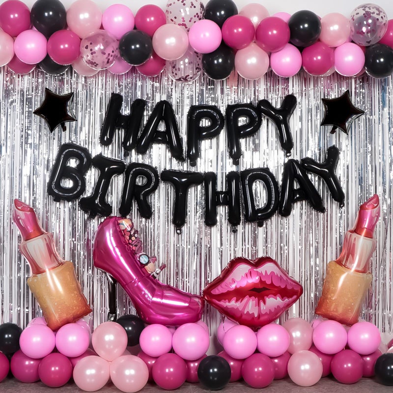 Nigifter Pink and Black Birthday Decorations for Women Girls Pink Happy Birthday Decorations for Her HAPPY BIRTHDAY Banner Balloons Fringe Curtain Giant Foil Hot Pink Lipstick Balloons Bday Party Decor - Image 3