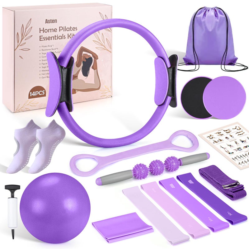 ASTEN Home Pilates Kit for Women: Pilates Equipment Pilates Ring and Ball Set with Resistance Bands, Sliders, Foam Roller, Pilates Essentials Kit for Beginners Home Workout, Compact Toning Fitness, Purple - Image 1