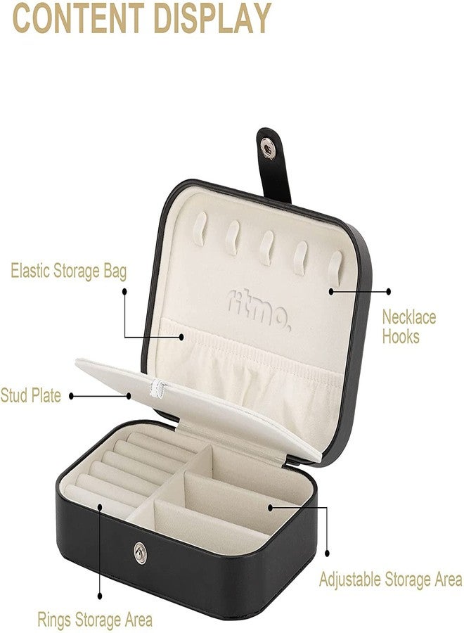 Ritmo صندوق مجوهرات صغير من ريتومو، منظم صندوق مجوهرات صغير محمول للسفر، صندوق مجوهرات مزدوج الطبقات مبطن بجلد صناعي مخملي، يستخدم لتخزين وعرض القلائد والأساور والأقراط (أسود) - Image 3