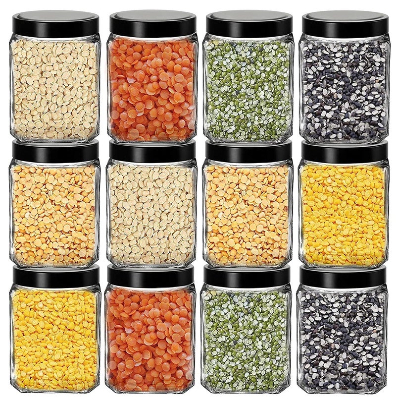 Brezzycloud Piraml Glass Cubical Square 600Ml Transparent Glass Jars & Containers For Kitchen With Black Plastic Lid (600Ml, Set Of 12) - Image 1