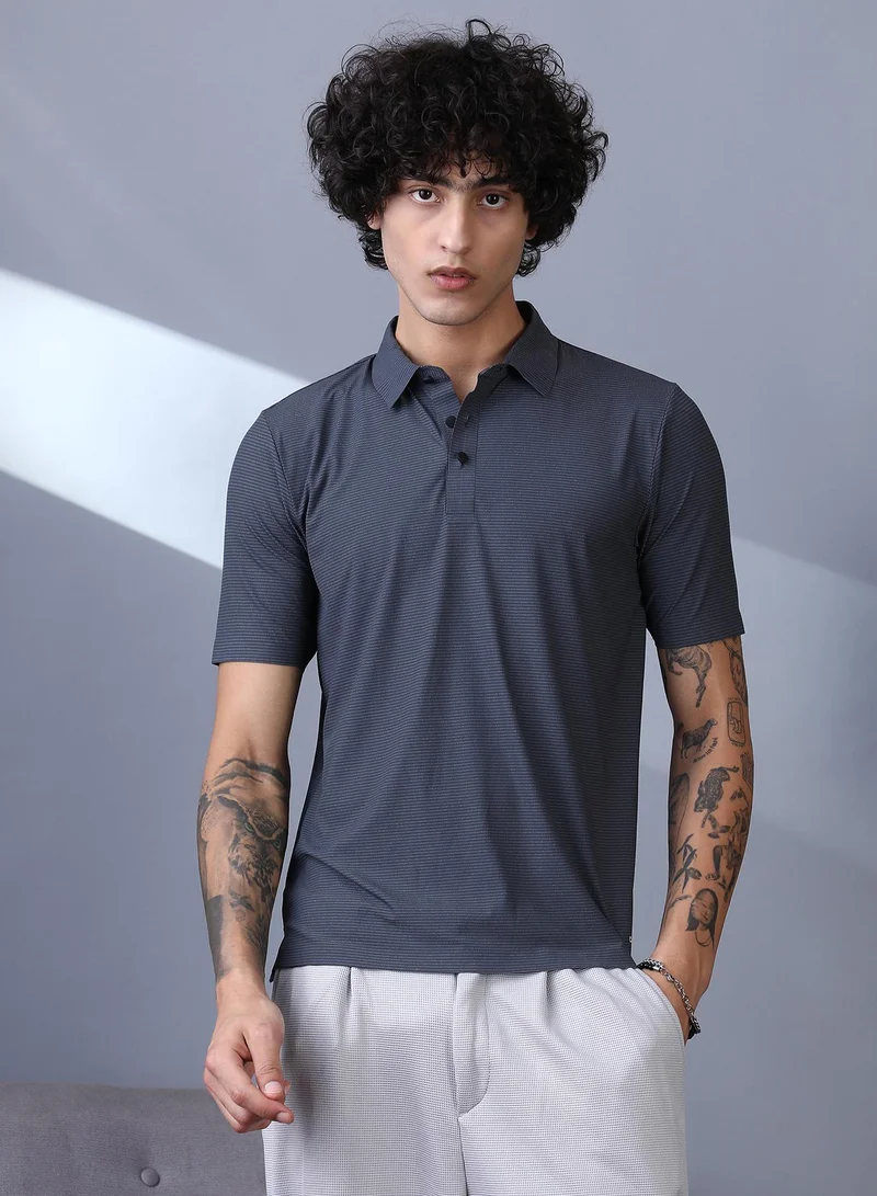 Campus Sutra Campus Sutra Men's Charcoal Grey Seamless Striped Polo T-Shirt For Casual Wear | Polo Neck | Short Regular Sleeves | Button Closure | T-Shirt Crafted With Comfort Fit For Everyday Wear