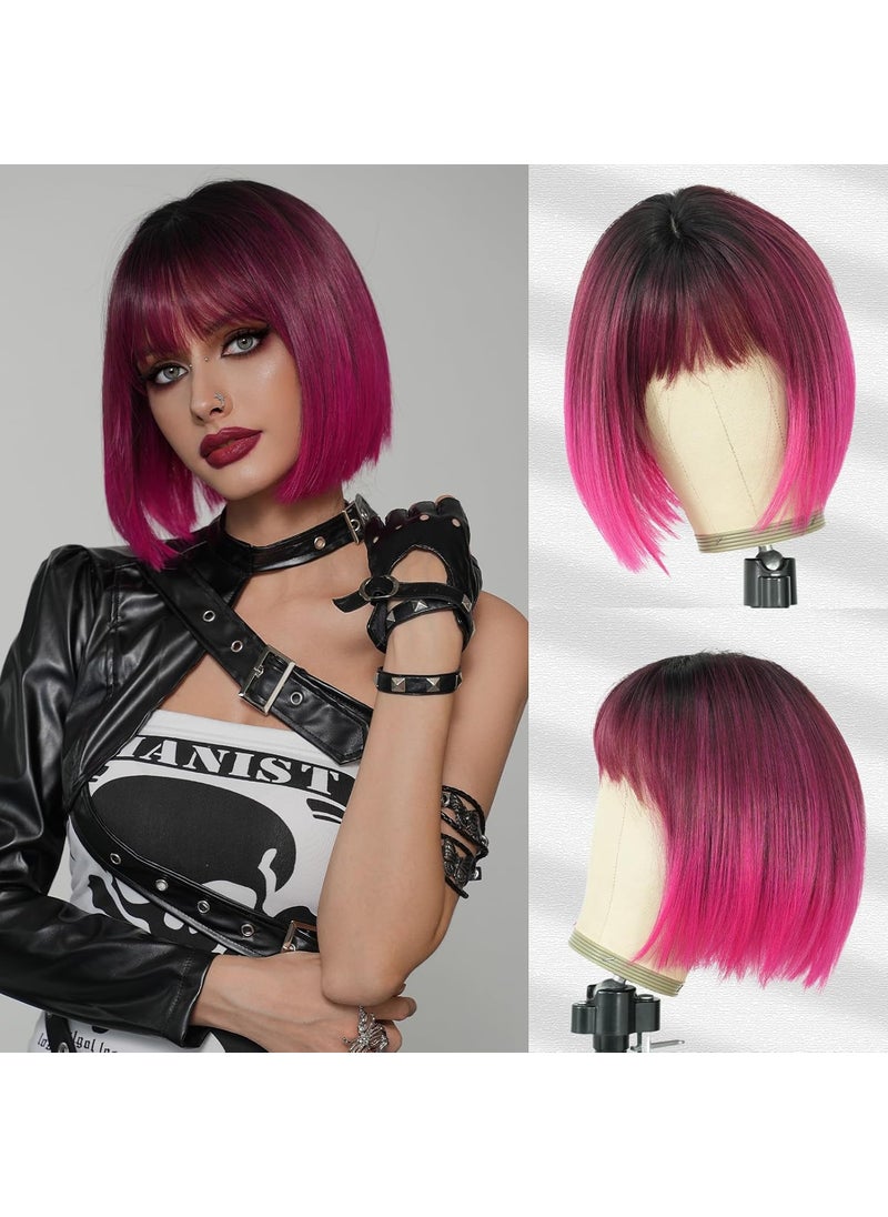 7JHH WIGS - 7JHH WIGS Short Straight Wig with Bangs 12in Short Hot Pink Bob Wig Synthetic Natural Hair Heat Resistant 150% Density Staight Layered Wig for Women Daily Used - Image 1