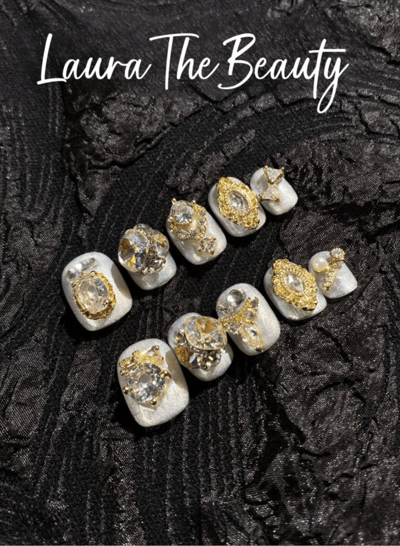 LauraTheBeauty 【Gorgeous】 10 Pcs Rhinestone Nail Art False Nails Short Square Fake Nails Press on Nails with Wearing Tools  - Image 5