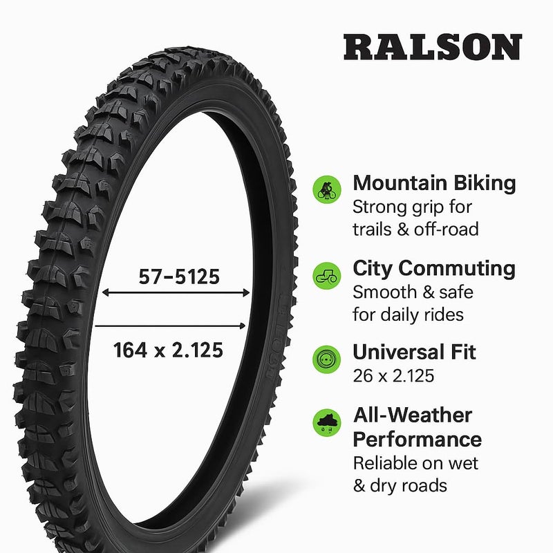 RALSON 26x2.125 Bicycle Tyre | Heavy Duty Rubber Mountain Bike Tyre for MTB, City Bicycles, E-Bikes & Trolleys – Strong Grip & Durable Perfomance - Image 5