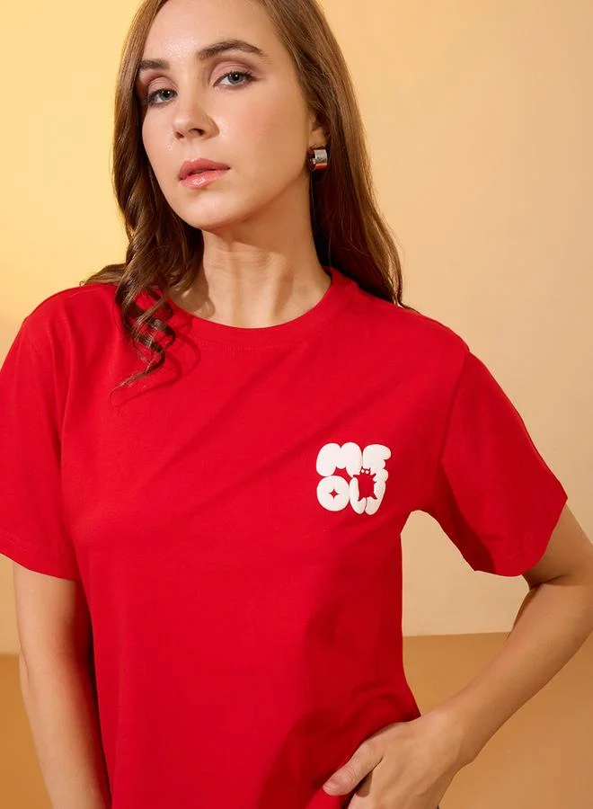 globus Red Round Neck Graphic Print Oversized T-Shirt