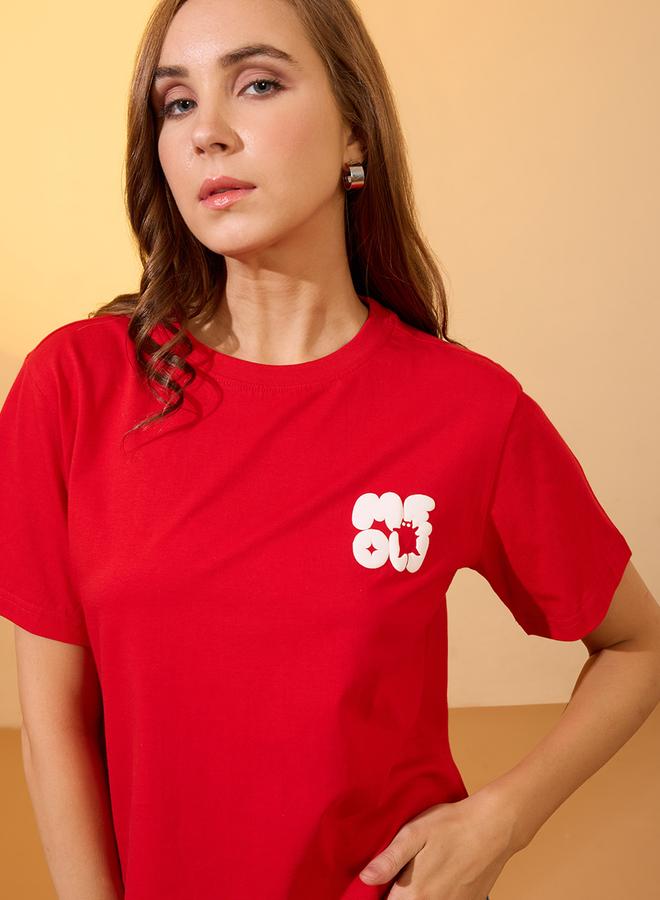 globus Red Round Neck Graphic Print Oversized T-Shirt - Image 1