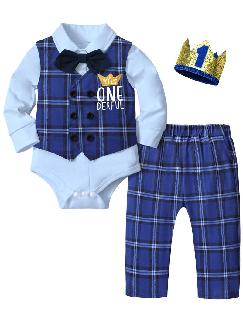 Aulyffo 1st Birthday Outfit BoyFirst Birthday Boy Outfit Mr Onederful Long Sleeve Romper Double Breasted Vest Pants Bowtie Cute Hat 5Pcs Baby Boy First Birthday Outfits Blue Plaid - Image 2