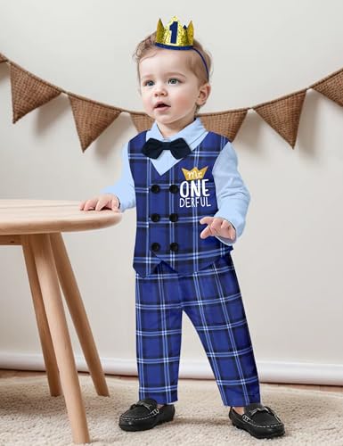Aulyffo 1st Birthday Outfit BoyFirst Birthday Boy Outfit Mr Onederful Long Sleeve Romper Double Breasted Vest Pants Bowtie Cute Hat 5Pcs Baby Boy First Birthday Outfits Blue Plaid - Image 3