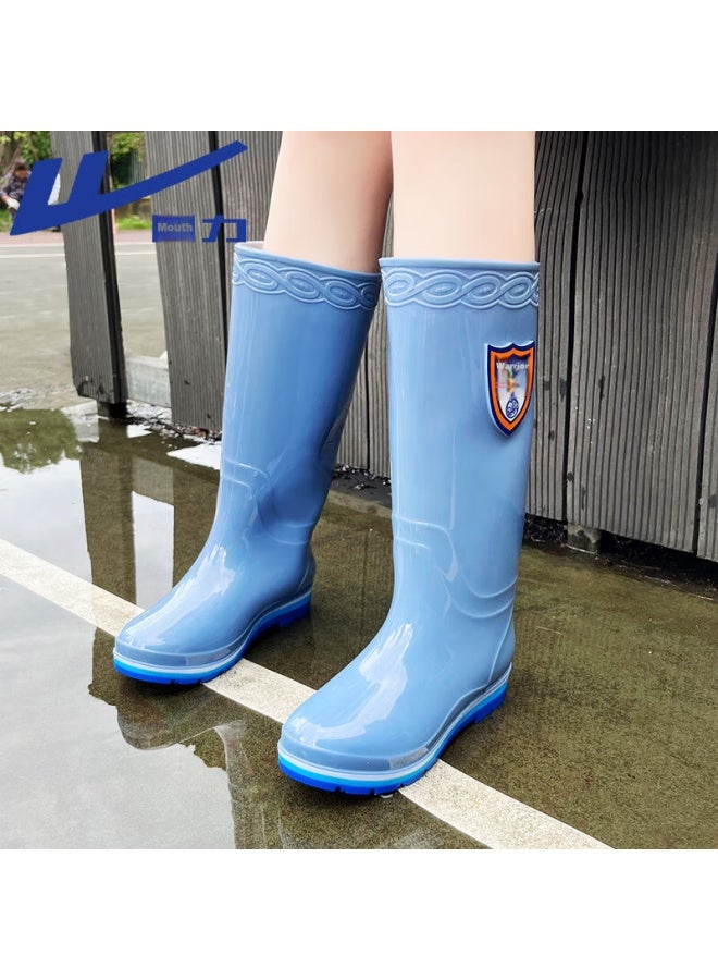 Pull Back Huangli Women's High Tube Rain Boots Outdoor Wear-resistant Non-slip Water Shoes Rubber Boots Long Tube Water Boots 03-1 Blue High 39 - Image 1
