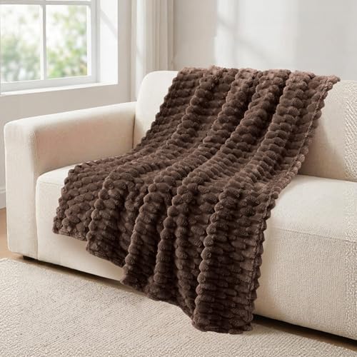 Vessia Flannel Fleece Throw Blanket 3D Jacquard Brown Fuzzy and Warm Blanket for Couch Sofa Bed 300GSM Super Soft Touch Cozy Home Decor for All Seasons 50x70 inches - Image 1