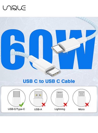 كابل شحن بطول 2 متر، كابل شاحن طويل مضفر من النوع C بطول 60 واط للشحن السريع، كابل شاحن USB C إلى USB C لسلسلة ايفون 15 / سامسونج / ماك بوك / جوجل / أندرويد / كابل شاحن هاتف لابتوب - أزرق - view 5