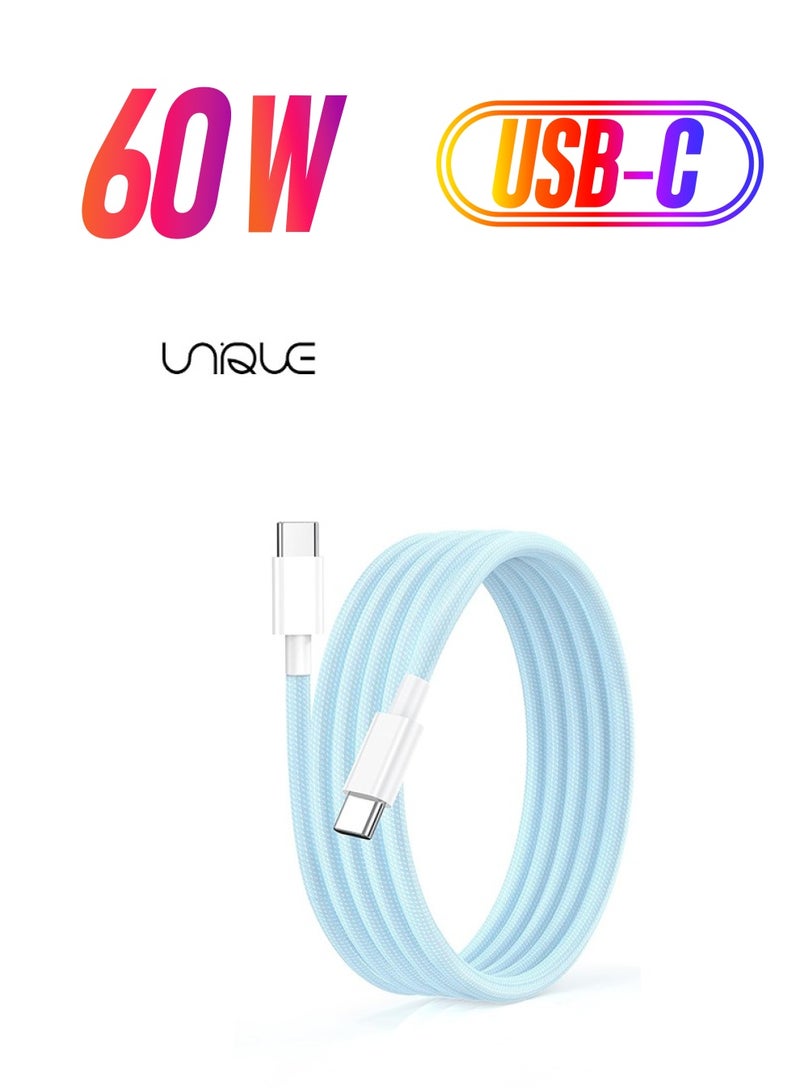Unique 2 Meters Charging Cable, 60W Long Braided Type C Charger Cable for Fast Charging, USB C to USB C Charger Cable for iPhone 15 Series/Samsung/MacBook/Google/Android/Laptop Phone Charger Cable - Blue - Image 1