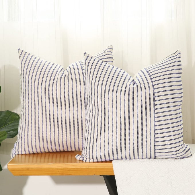 NAVY AND BEIGE PATCHWORK FARMHOUSE THROW PILLOW COVERS 24 X 24 INCH PACK OF 2 STRIPED LINEN DECORATIVE PILLOW CASE FOR SOFA COUCH CHAIR BEDROOM MODERN DECOR 24 X 24 NAVY BLUE