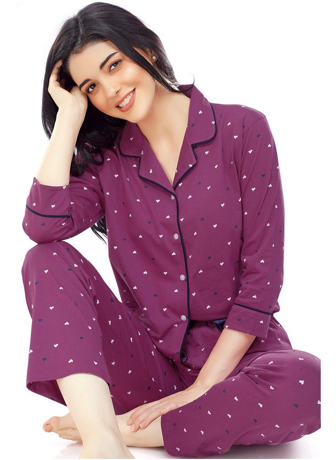 ZEYO Women's Cotton Heart Printed Night Suit Set of Shirt & Pyjama 5152 (PlumRed, XXX-Large) - pzsku/Z20346FA30AA7B709CECEZ/45/_/1737720815/2c537261-1786-4782-bae3-3fca5751e797