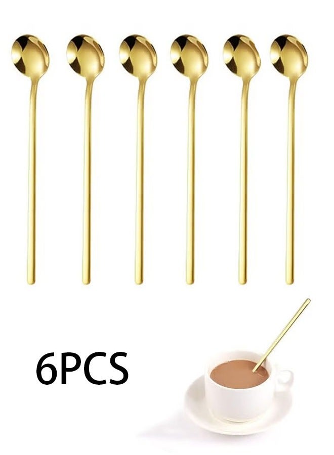 6 Piece Gold Stainless Steel Coffee Spoons Long Handle Small Round Stirring Tea Espresso Ice Tea Spoons - Image 1