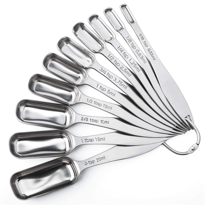 FANGSUN Stainless Steel Narrow Measuring Spoons, Heavy Duty Metal Measuring Spoons with Long Handle and Engraved Measurements Set of 10, For Dry or Liquid, Fits in Spice Jar - Image 1