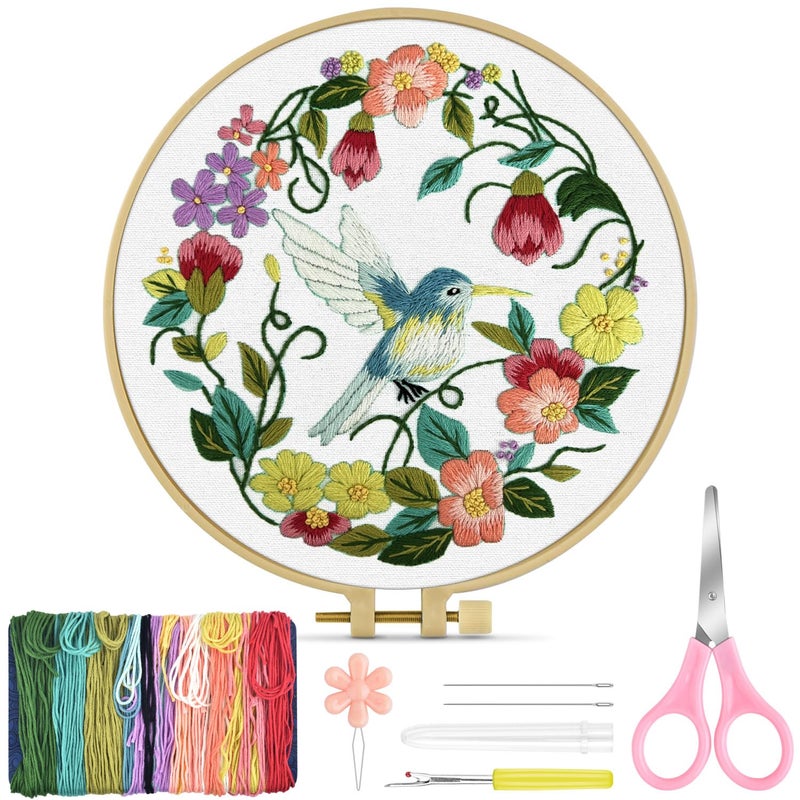 TINDTOP Embroidery Kit for Beginners Adult, Hummingbird Embroidery Kit for Beginners Include Embroidery Cloth Hoops Threads for Craft Lover Hand Stitch with Embroidery Skill Techniques - Image 1