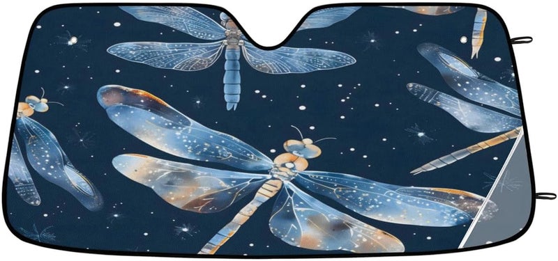Boho Dragonfly Foldable Car Windshield Sun Shade, Lightweight Front Window Cover with Suction Cups, UV Block for Interior Protection, Portable, Galaxy Star - Image 2
