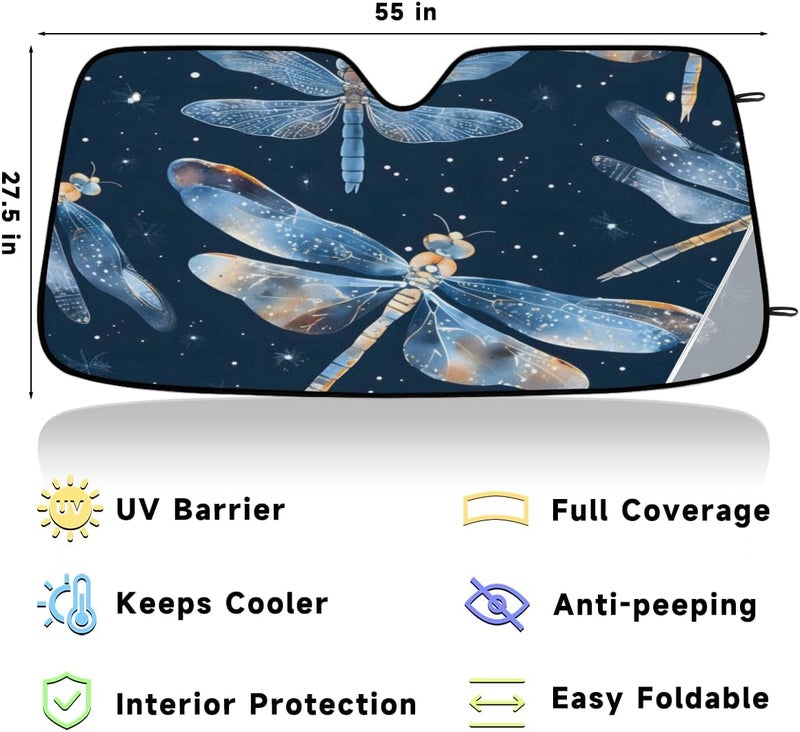 Boho Dragonfly Foldable Car Windshield Sun Shade, Lightweight Front Window Cover with Suction Cups, UV Block for Interior Protection, Portable, Galaxy Star - Image 3