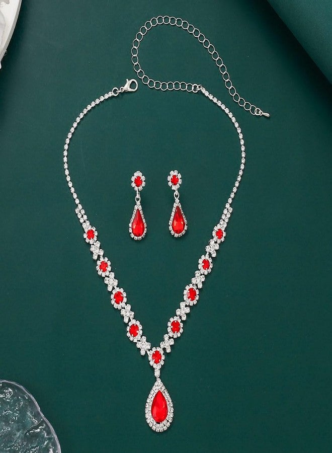 Unicra Crystal Bridal Wedding Jewelry Set Silver Rhinestone Necklace Earrings Bracelet Sets Formal Costume Jewelry for Women and Brides (A-Red Necklace Earrings) - Image 2