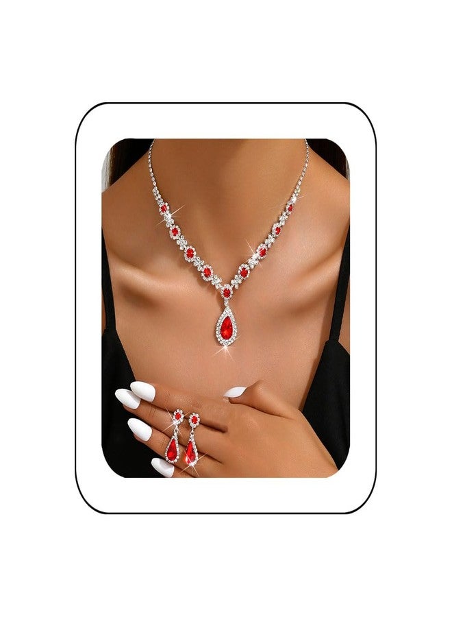 Unicra Crystal Bridal Wedding Jewelry Set Silver Rhinestone Necklace Earrings Bracelet Sets Formal Costume Jewelry for Women and Brides (A-Red Necklace Earrings) - Image 1
