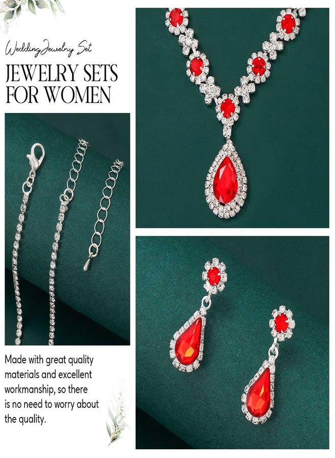 Unicra Crystal Bridal Wedding Jewelry Set Silver Rhinestone Necklace Earrings Bracelet Sets Formal Costume Jewelry for Women and Brides (A-Red Necklace Earrings) - Image 5