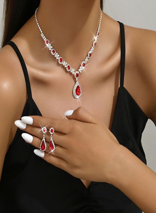 Unicra Crystal Bridal Wedding Jewelry Set Silver Rhinestone Necklace Earrings Bracelet Sets Formal Costume Jewelry for Women and Brides (A-Red Necklace Earrings) - Image 3